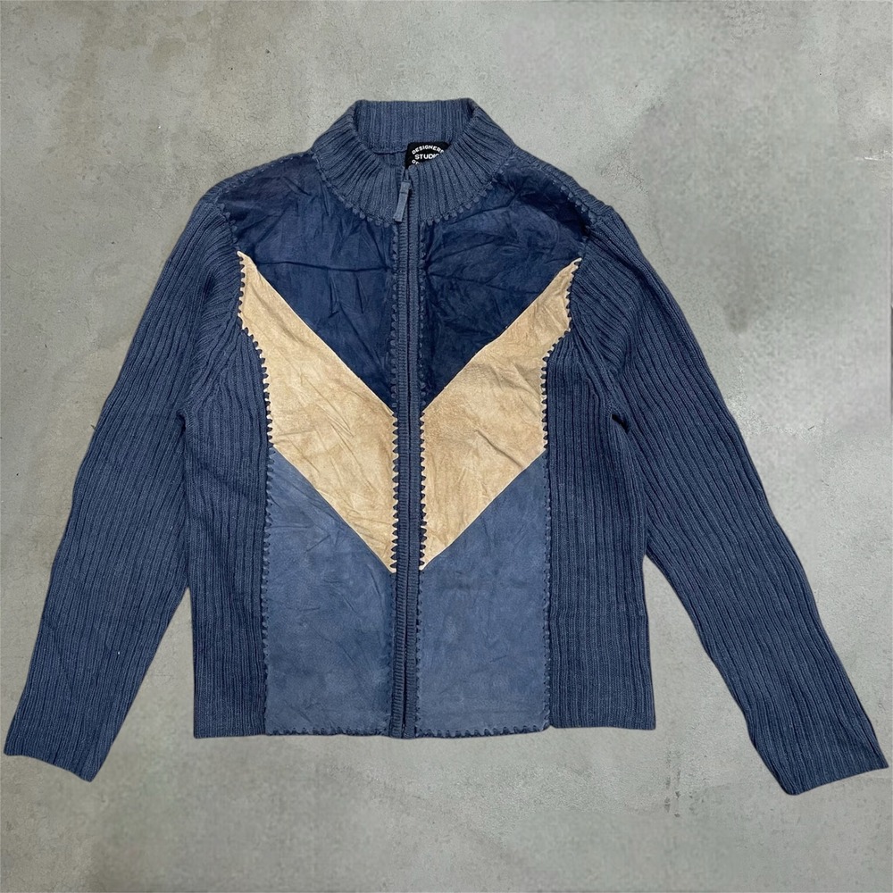 Designers Studio Originals Cardigan Womens M Blue Suede Leather Zip Knit Sweater